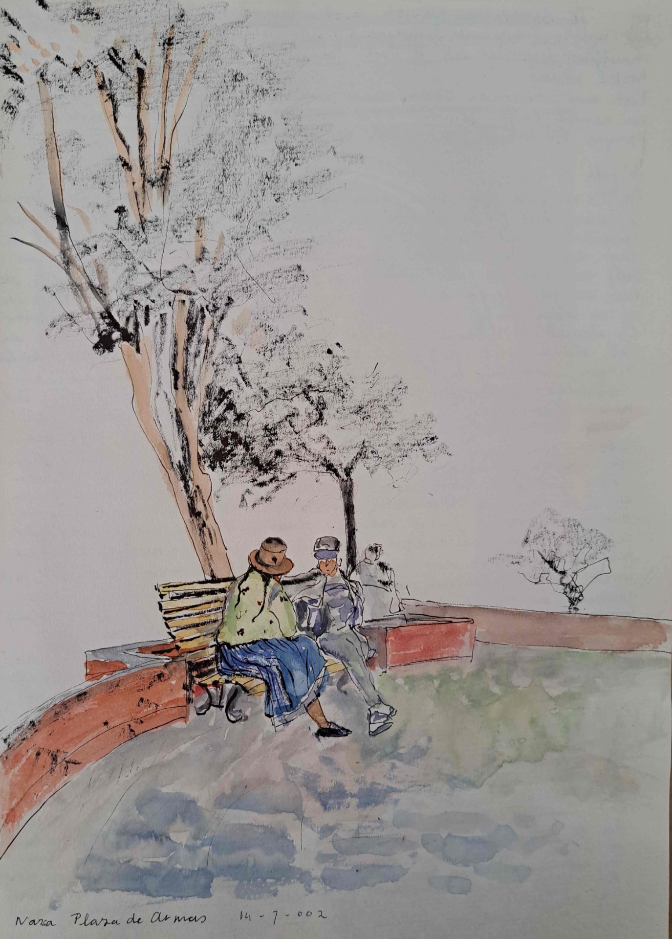 'Plaza de Armas Nazca', pen/aquarel tekening 