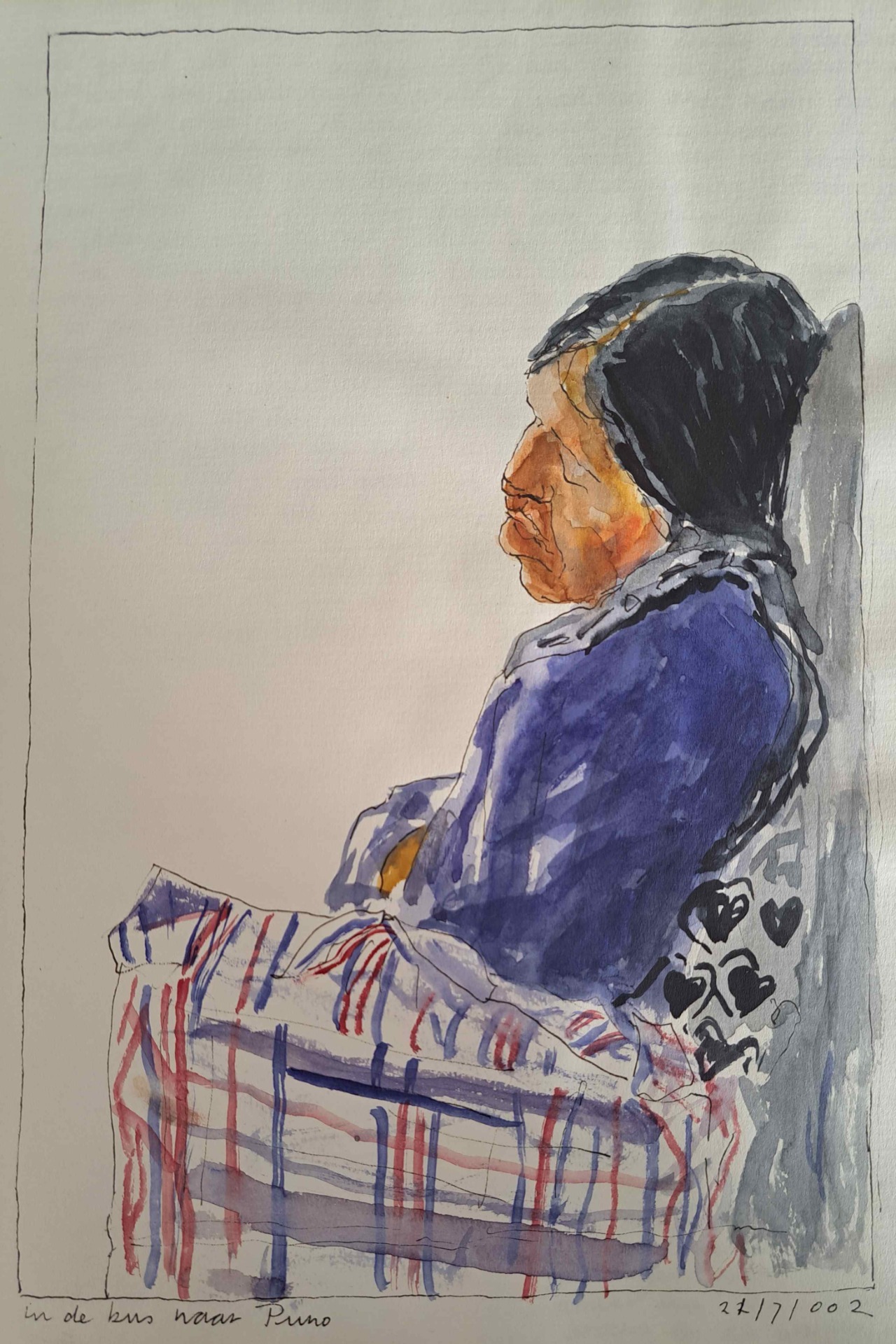 # 'In de bus naar Puno 2', pen/aquarel tekening